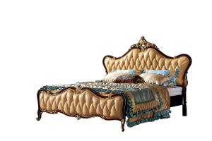 Quality Black painting and gold leaf Solid Wood King Size Royal Wooden Design Leather Bed wholesale