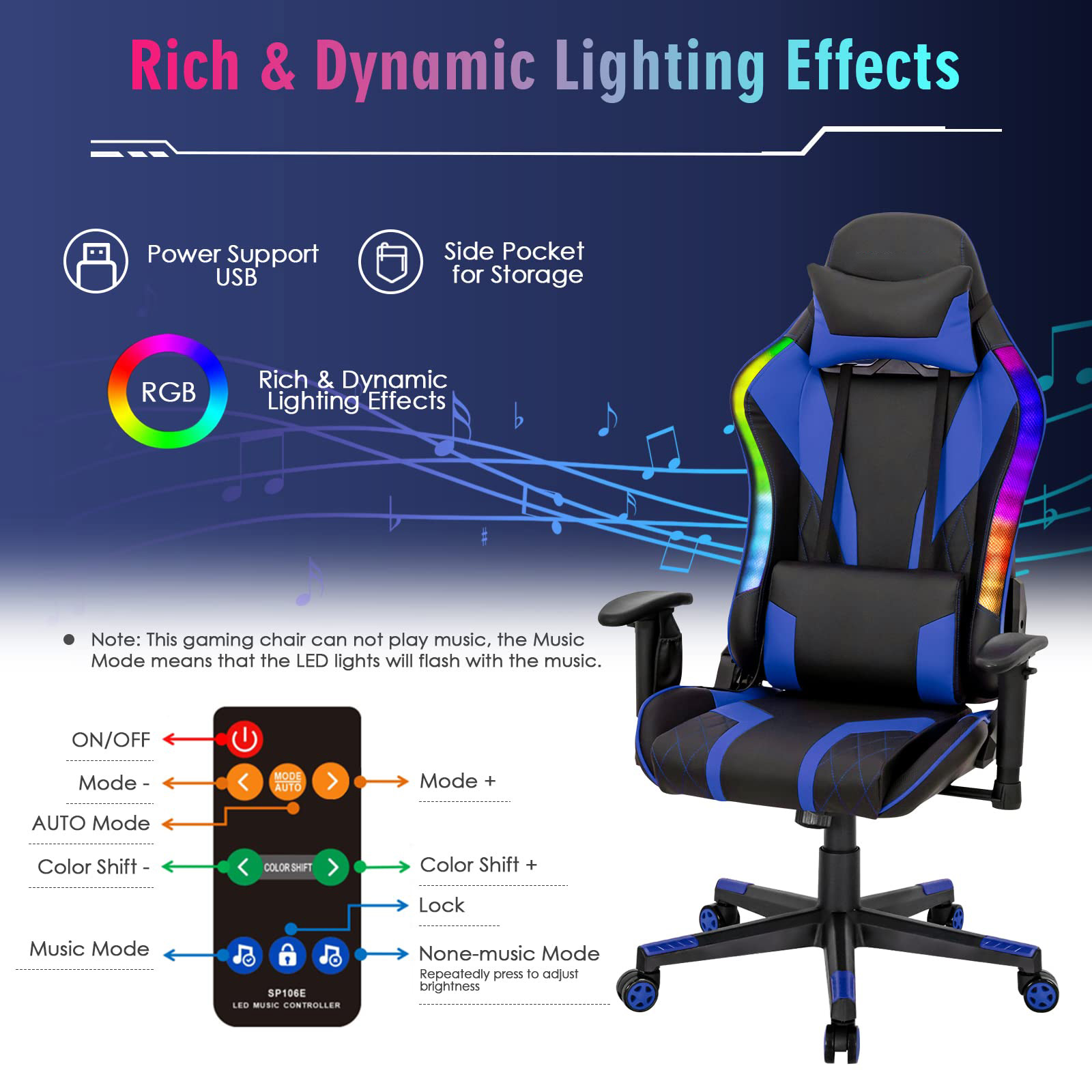 Adjustable Lumbar Support Racing Ergonomic Gaming Chair for Adults ALINUNU RGB Chair
