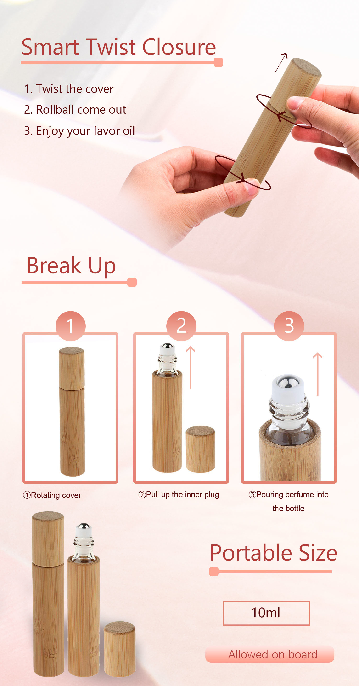 Luxury 10ml Bamboo Roll On Bottle Essential Oil Perfume Glass Roller Natural Bamboo Lid & Amber Glass
