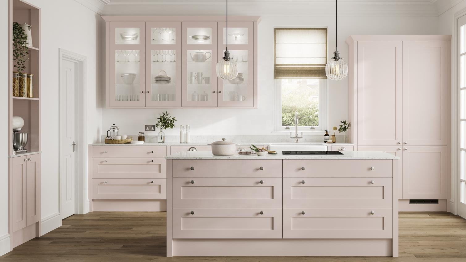 Ready to Assemble Modern Pink Lacquer Kitchen Cabinet Set with Quartz Stone Countertop