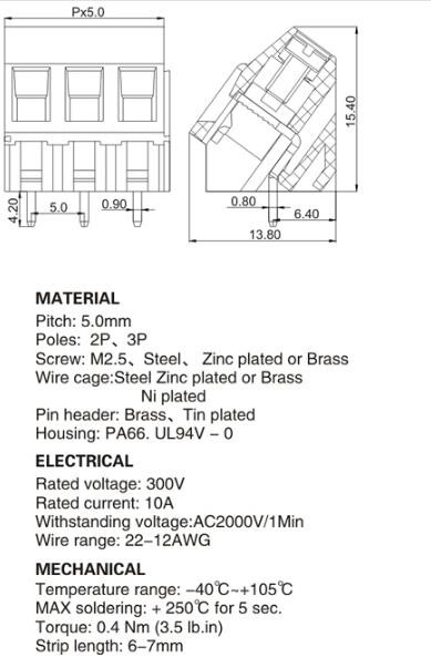 WT103-5.0 PCB screw terminal block, spacing 5.0mm, factory direct sales