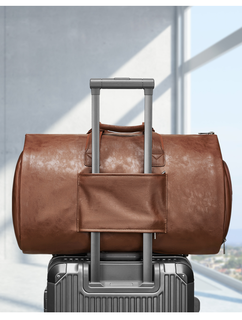 Outdoor PU Leather Travel Duffle Bag Brown With Separate Shoe Compartment