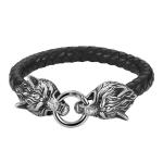 Hot Sales PU Leather Stainless Steel Double Wolf Heads Bracelet