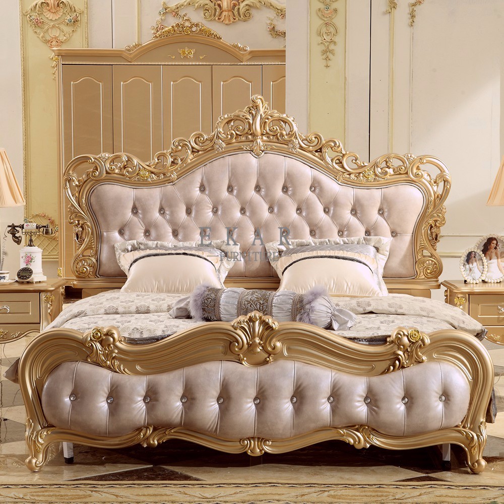 Black painting and gold leaf Solid Wood King Size Royal Wooden Design Leather Bed
