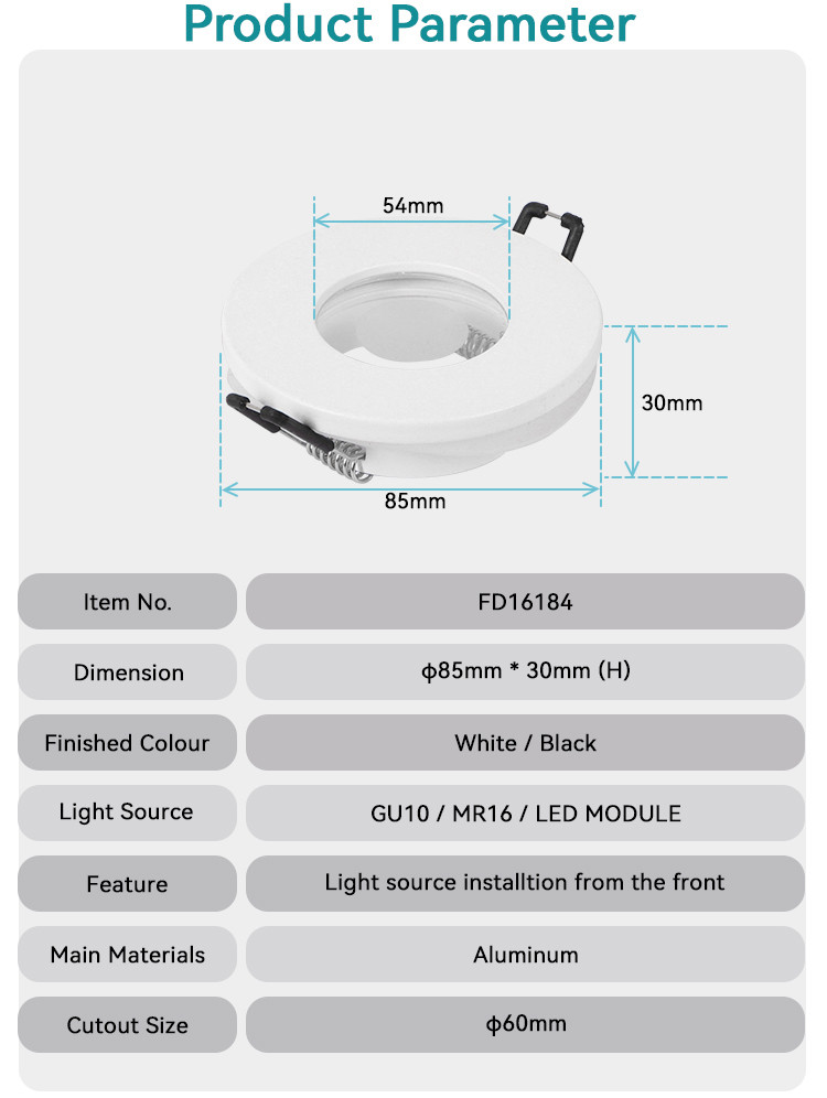 IP65 Rated 60mm Cut-out Round Aluminum Recessed MR16 GU10 Spotlight Housing