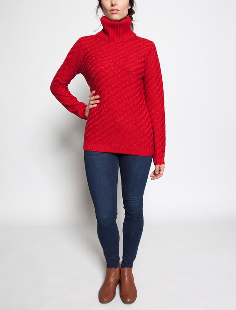 Red High / Funnel Neck Jacquard Knit Sweater 50 Wool 50 Acrylic Material
