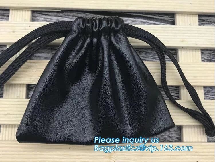 Custom Name Stamping PU Leather Drawstring Bag With Handle Waterproof Promotional Black Drawstring Bag Promotional Detai