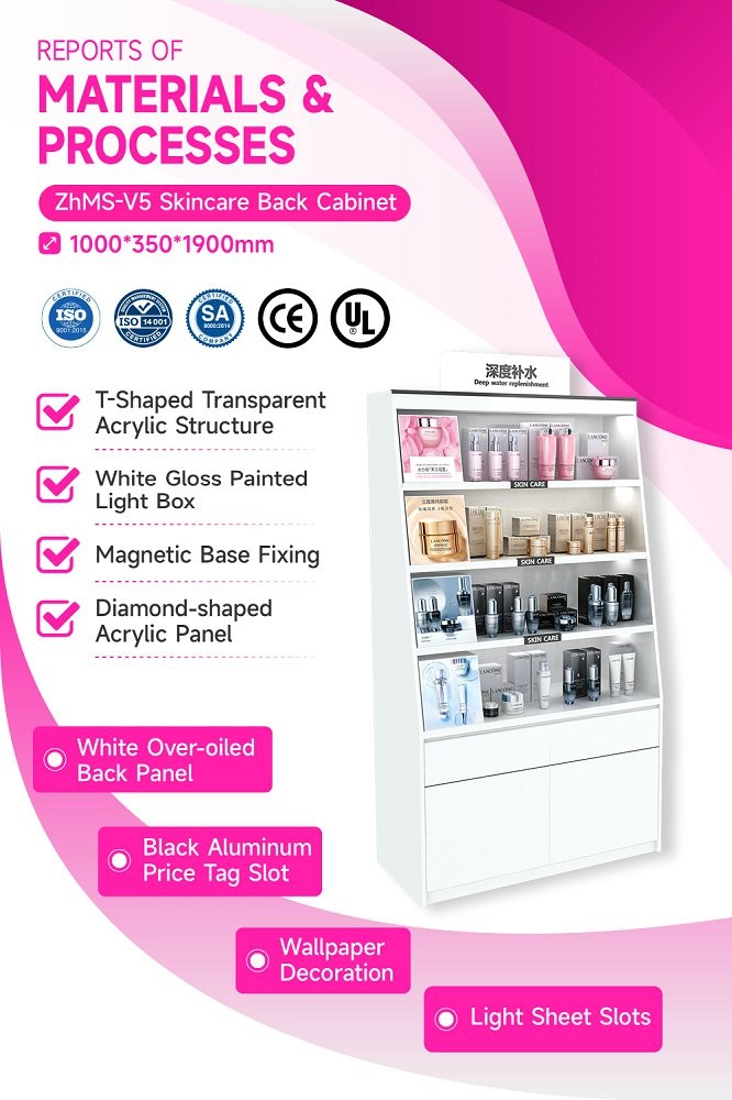 ZhMS-V5 Power Track Skincare Display Cabinet with LED Strip Lights and Black Paint