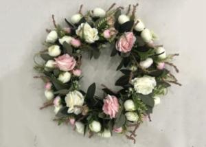 Quality Vivid 50cm Faux White Pink Flower Wreath With Leaves wholesale