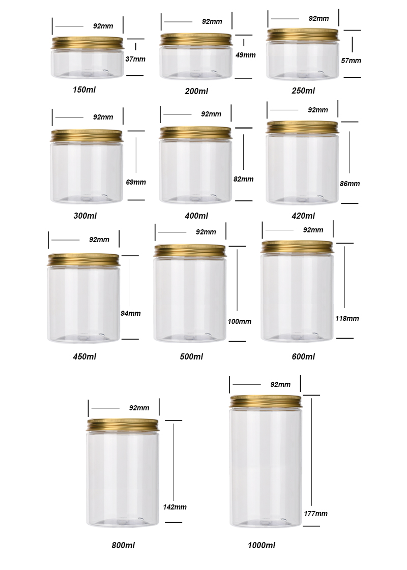 Amber Clear PET Plastic Storage Jars With Aluminum Plastic Screw Cap