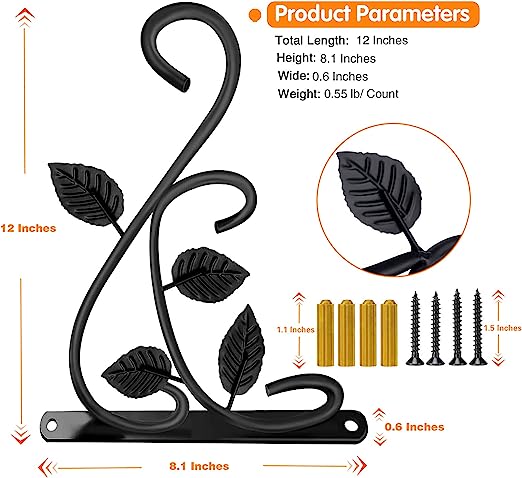 Rust-Resistant Plant Hanger Hook 12 Inch Black Iron Wall Mount Bracket for Hanging Plants