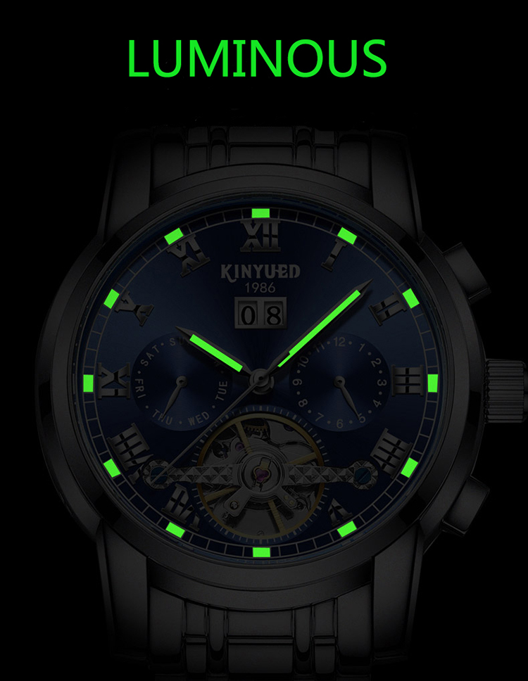 KINYUED stainless steel tourbillion watch mechanical luminous watch men wristwatch