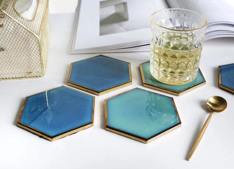 Waterproof Heat-insulated Pad Geometric Ceramic Coasters Luxury Gold Plated for Table