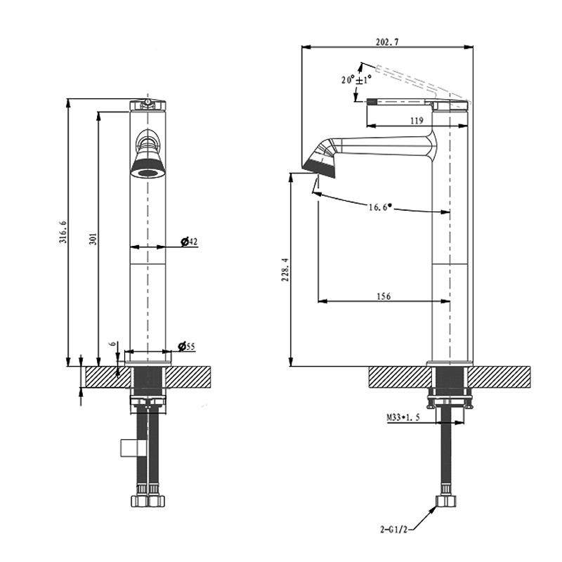 316.6mm Extended Basin Mixer Faucet Bathroom Brass Mixer Tap