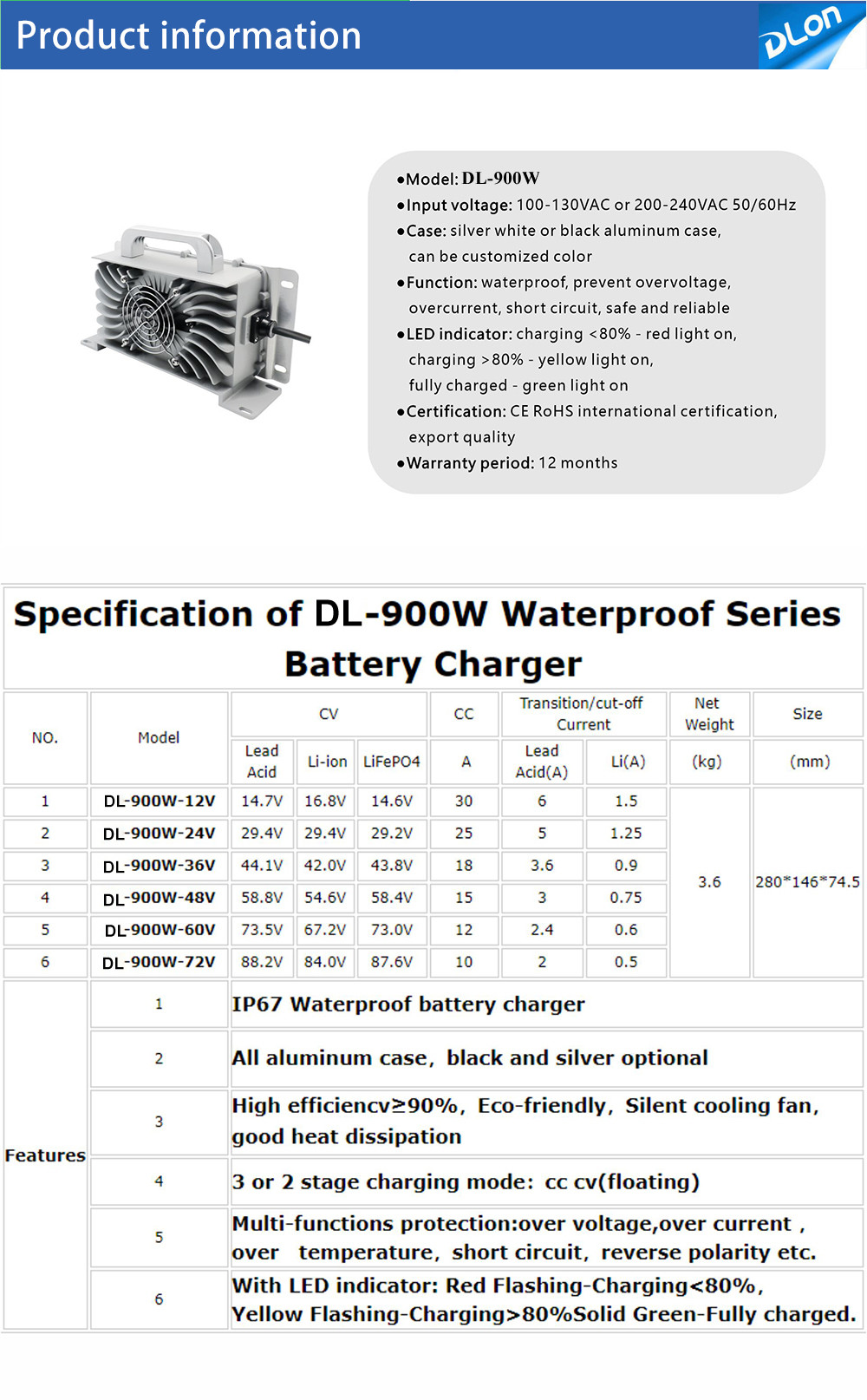 Dlon factory 48 volt waterproof golf cart charger 48v 15a club car battery charger for lead acid / lifepo4 batteries