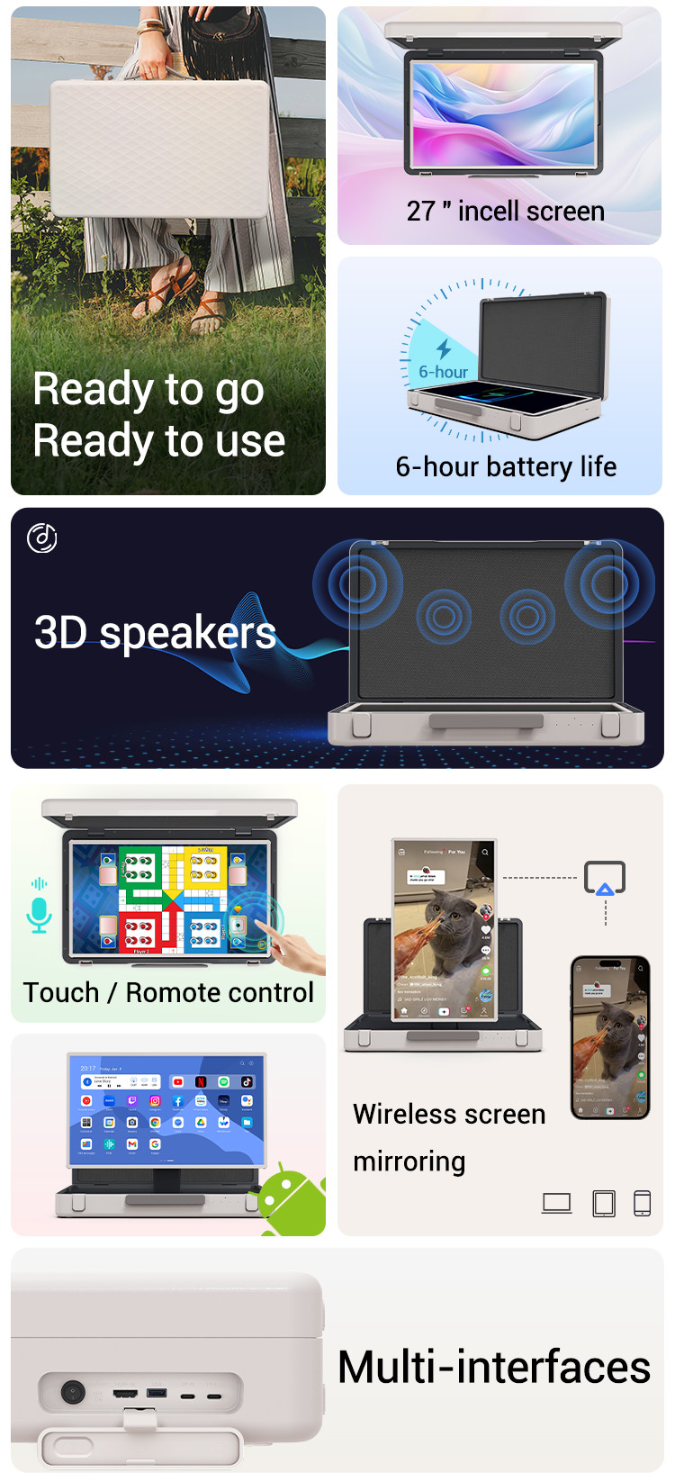ELC Packgo Portable In Cell Touch Smart Tv Android 12 Smart Tv Briefcase