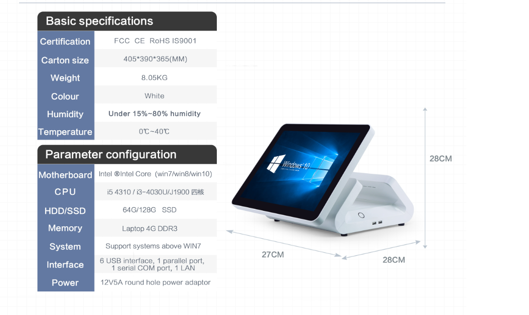 Advanced Dual 15.6'' HD Touch Screen POS Terminal Model 401 with Win/Andriod Support