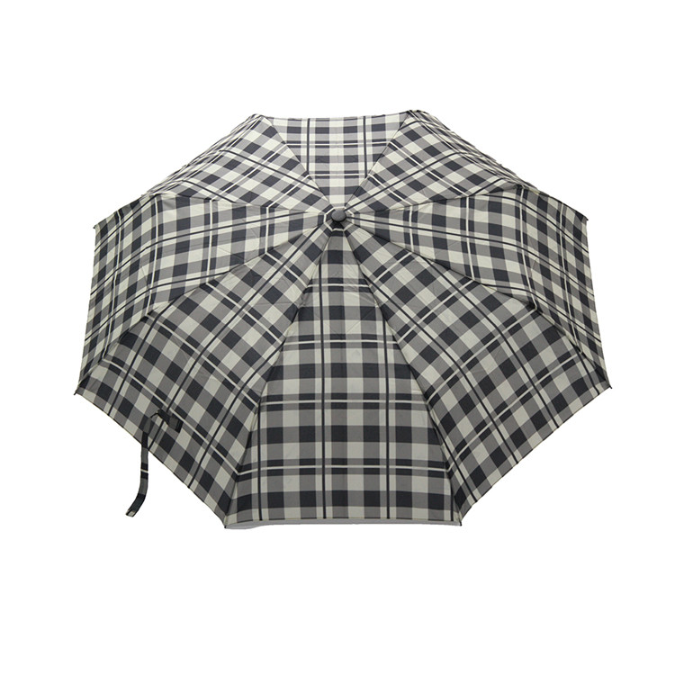 Black White Grid 8mm Metal Shaft Three Folding Umbrella Automatic Open Close
