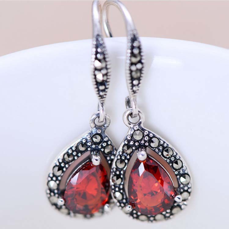 Sterling Silver Synthetic Garnet Marcasite Retro Drop Earrings(XH0305)