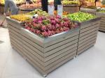 supermarket wooden produce bin with stainless steel tray