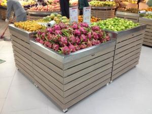 Quality supermarket wooden produce bin with stainless steel tray wholesale