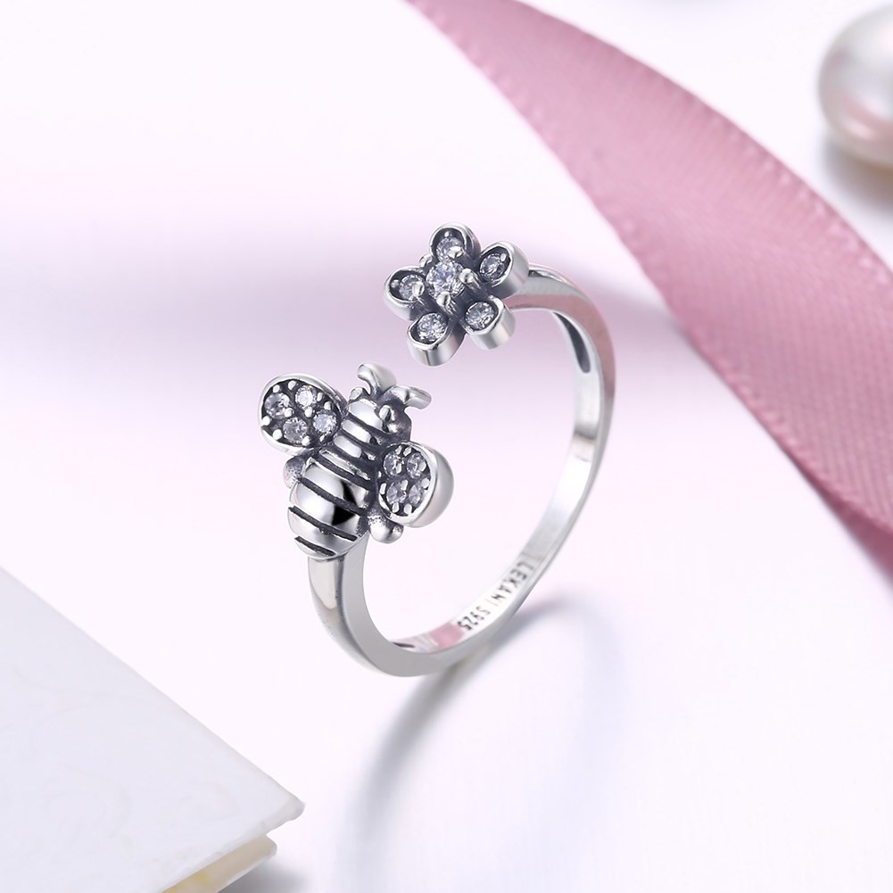 Sterling Silver 925 Adjustable Bee Cute Flower Ring