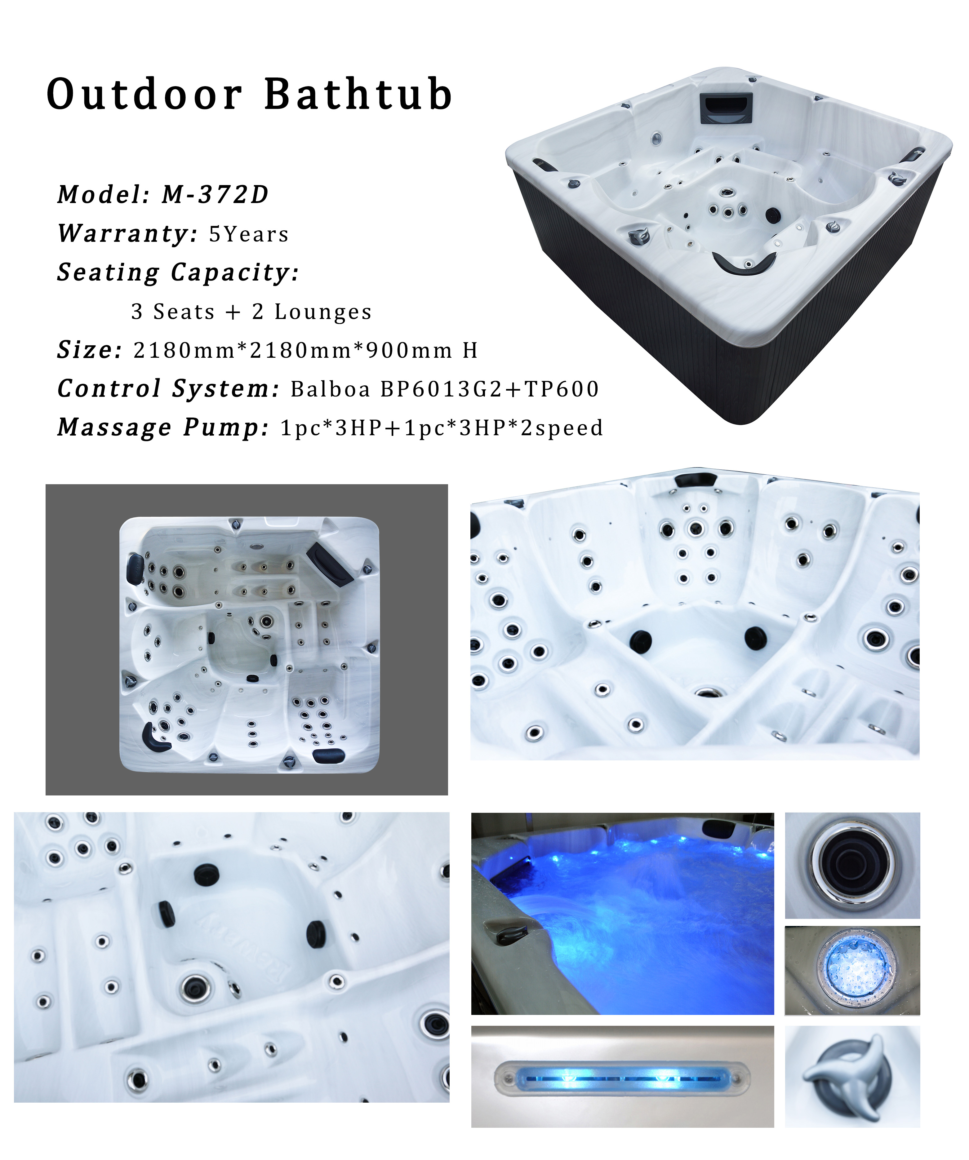 5 Persons Family And Friend Outdoor Hot Tub With Sleek Exterior Styly And Seat