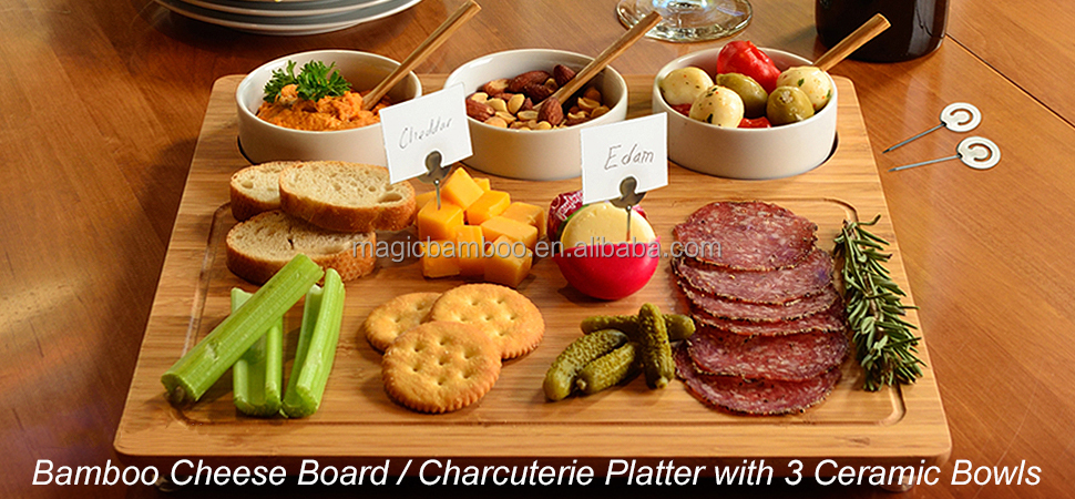 Eco-friendly Bamboo Cheese Board Includes 3 Ceramic Bowls Spoons and Cheese Markers