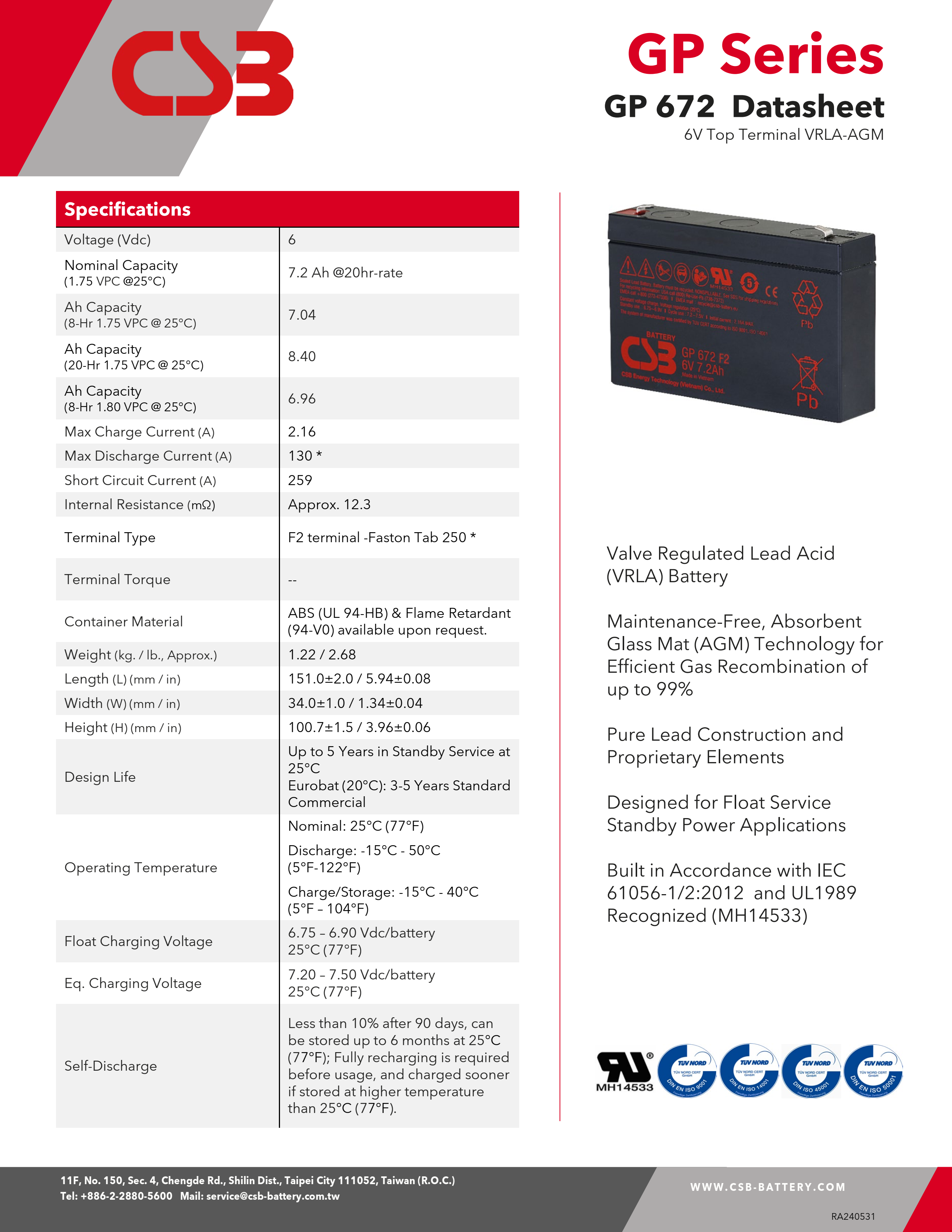 CSB Battery GP672 6V 7.2Ah Rechargeable Maintenance-Free 7.2Ah Lead Acid Battery