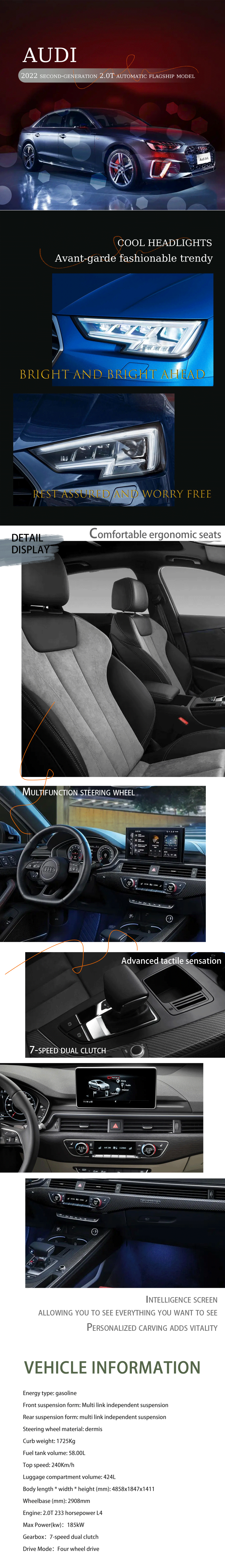 Audi A4L 40 TFSI 45 TSI Quattro Fashion Type Model 0km LED TPMS Electric Sedan Leather A4 Turbo Dark Multi-function ACC K5