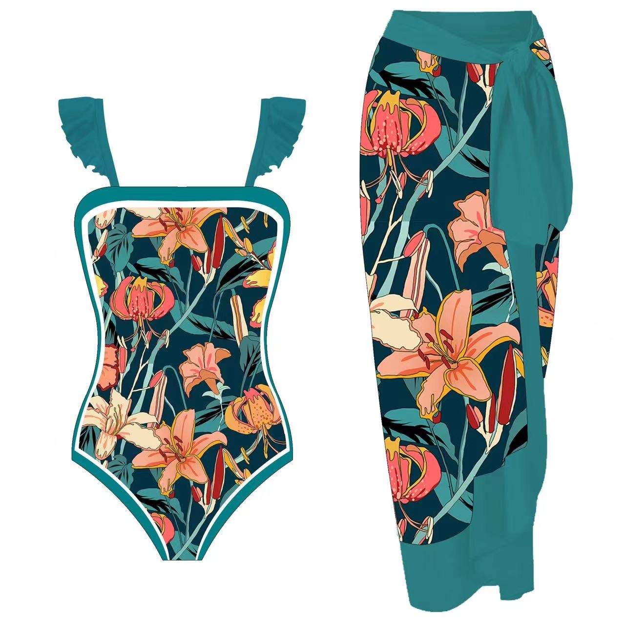 Fringed Bikini Three Piece Swimwear Ladies Flash Cloth 3 Piece Swimming Suit flower printing nylon material
