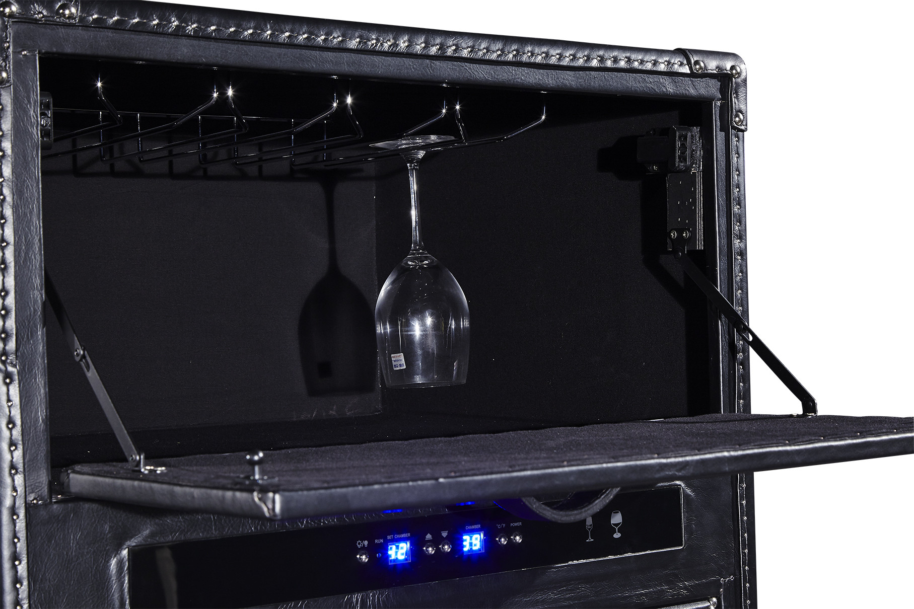 Black Color Wine Storage Cabinet Top Grain Vintage Scratches Genuine Leather Wheel Legs