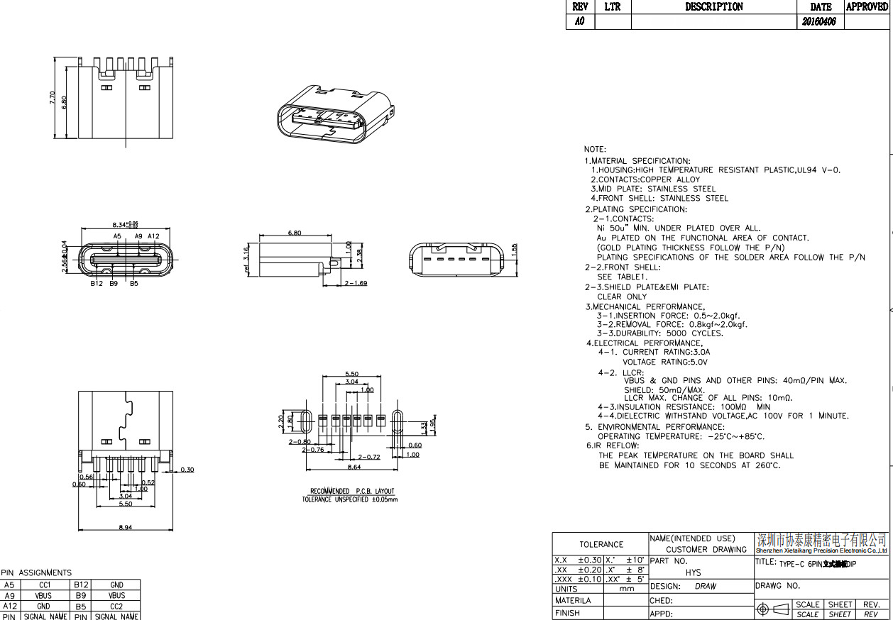 USB Female Type C Connectors 6 Pin 180 Degree Dip 3.1mm UL94V-0 Housing