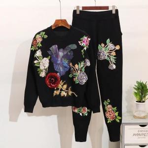 Quality High Quality Sequins Flower Long-Sleeved Knitwear Sweater Casual Pants 2 Piece Knit Set Women Autumn and Winter Tracksuit wholesale