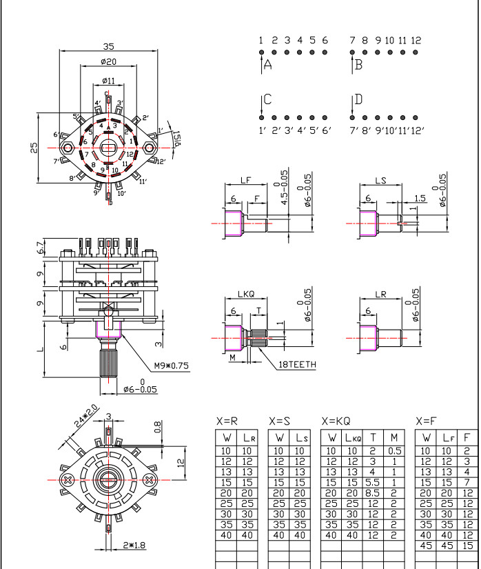 Diameter 29mm 12 Position Rotary Switch 0.3A