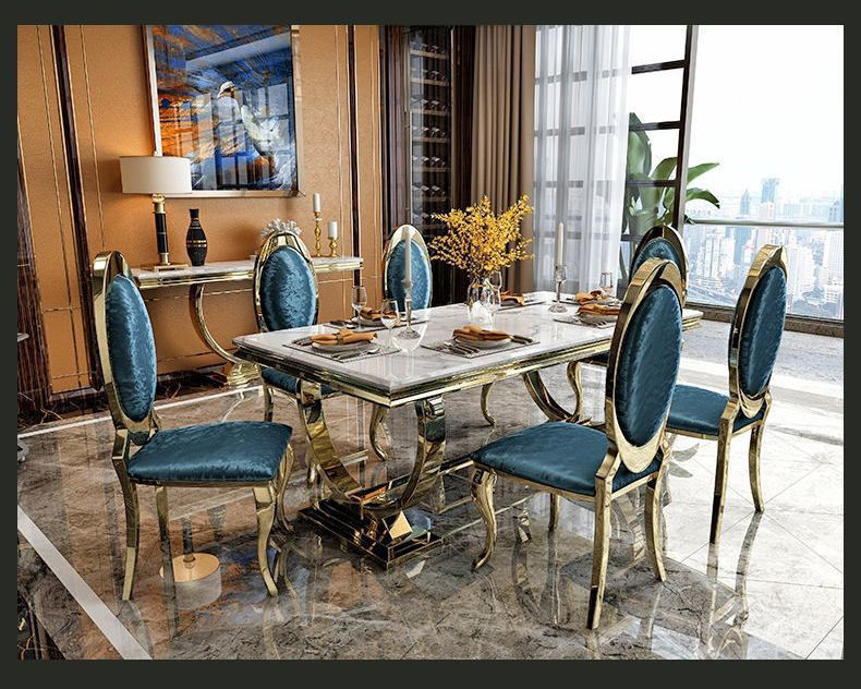 Rose Gold Luxury Dining Table And Chairs 6 Seats Stainless Steel Chair Marble