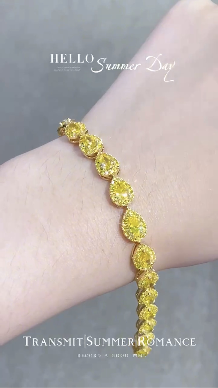 Pear Cut Yellow Diamond Tennis Bracelet VS Clarity T13.68ct 18k White Gold Ring