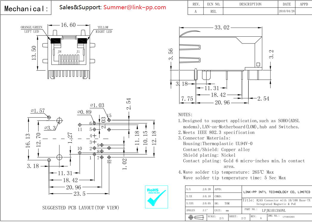 TS-60045 POE RJ45 Connector LPJK1013AONL 10 / 100Base-TX Power Over Ethernet