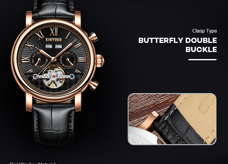 KINYUED J022-2 Minimalist Gold Case Leather Strap Watches Complete Calendar Automatic Mechanical Waterproof Montre Homme