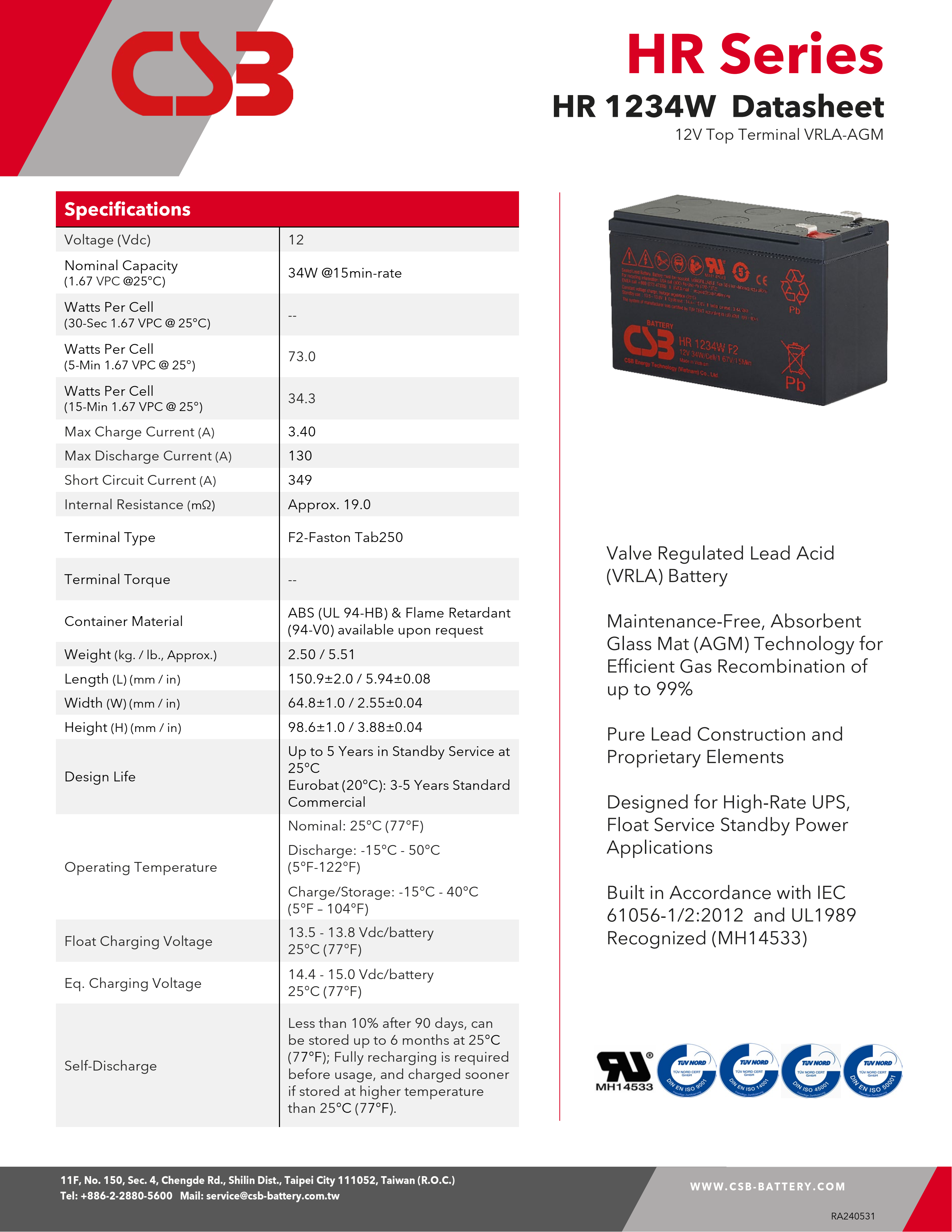 CSB Battery HR1234W 12V 34W 12V 9Ah Rechargeable Maintenance-Free Lead Acid AGM 9Ah Battery