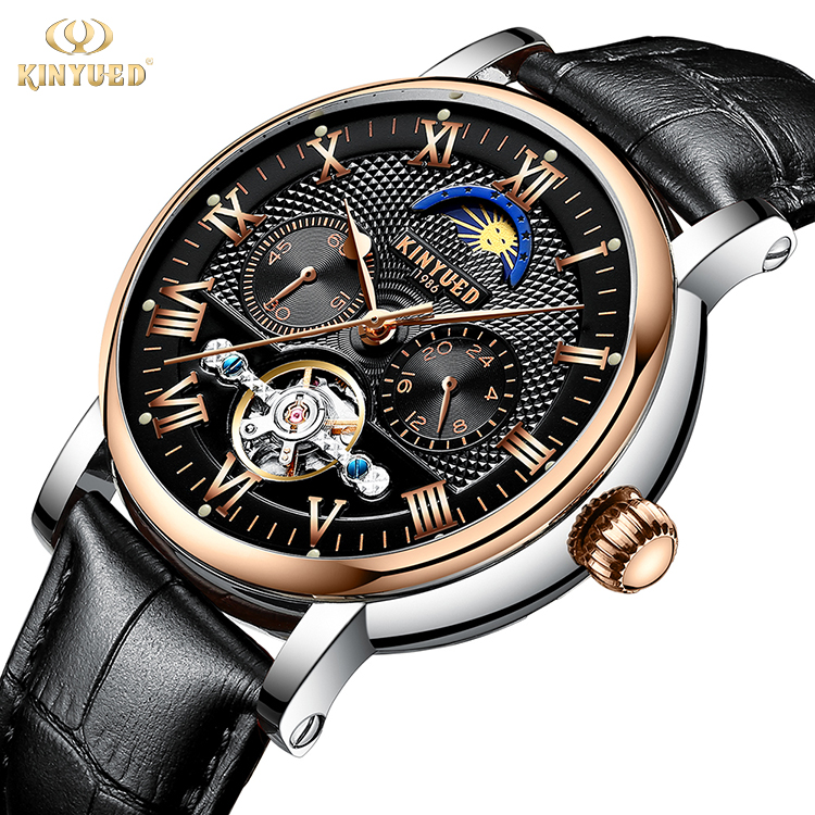 KINYUED Tourbillon automatic mechanical movement genuine leather waterproof wrist watch