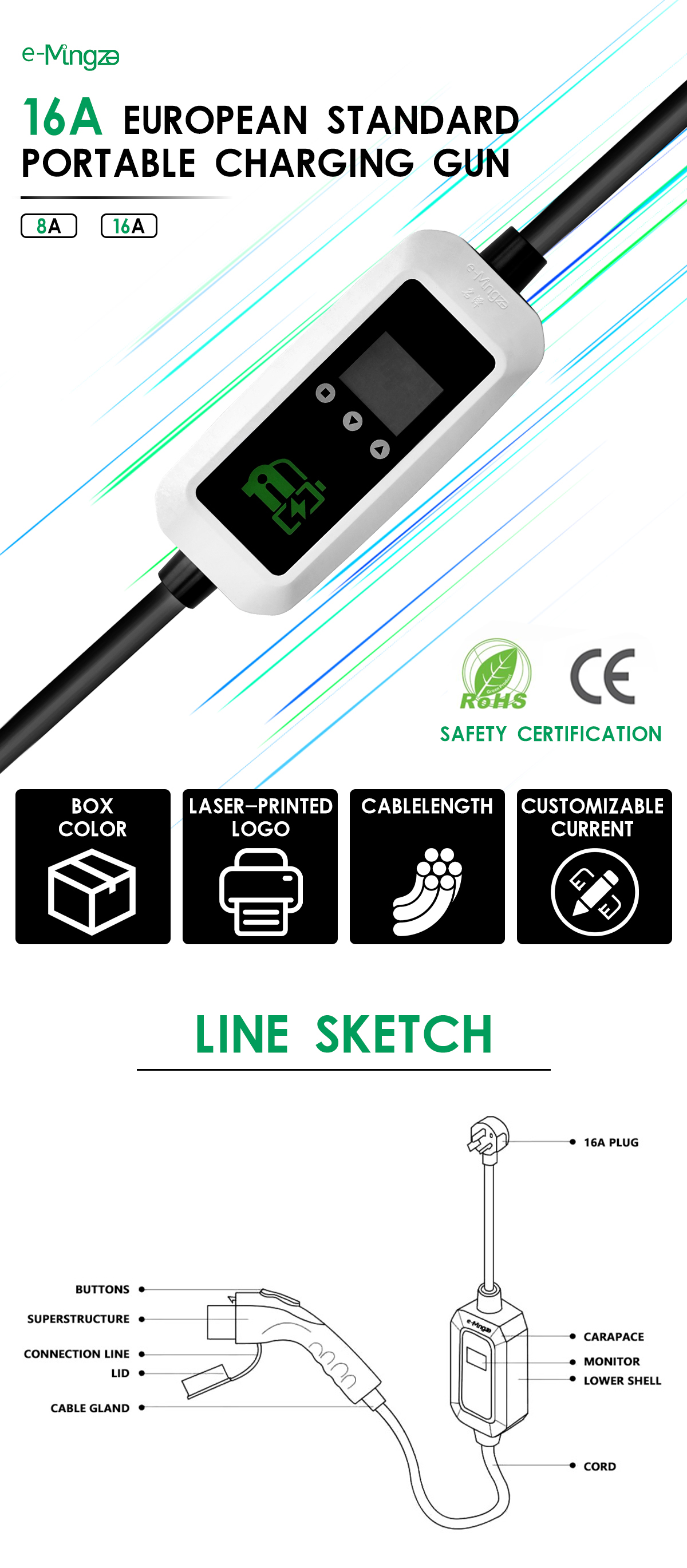 Fast AC Charging 3.5KW EU Type2 EV Charger Station with Overcurrent Protection and Input Voltage 110V-240V by E-Mingze