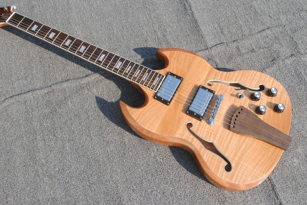 High quality custom 6 string electric guitar, flame maple veneer, wood color body, double F hole half hollow body, rosew