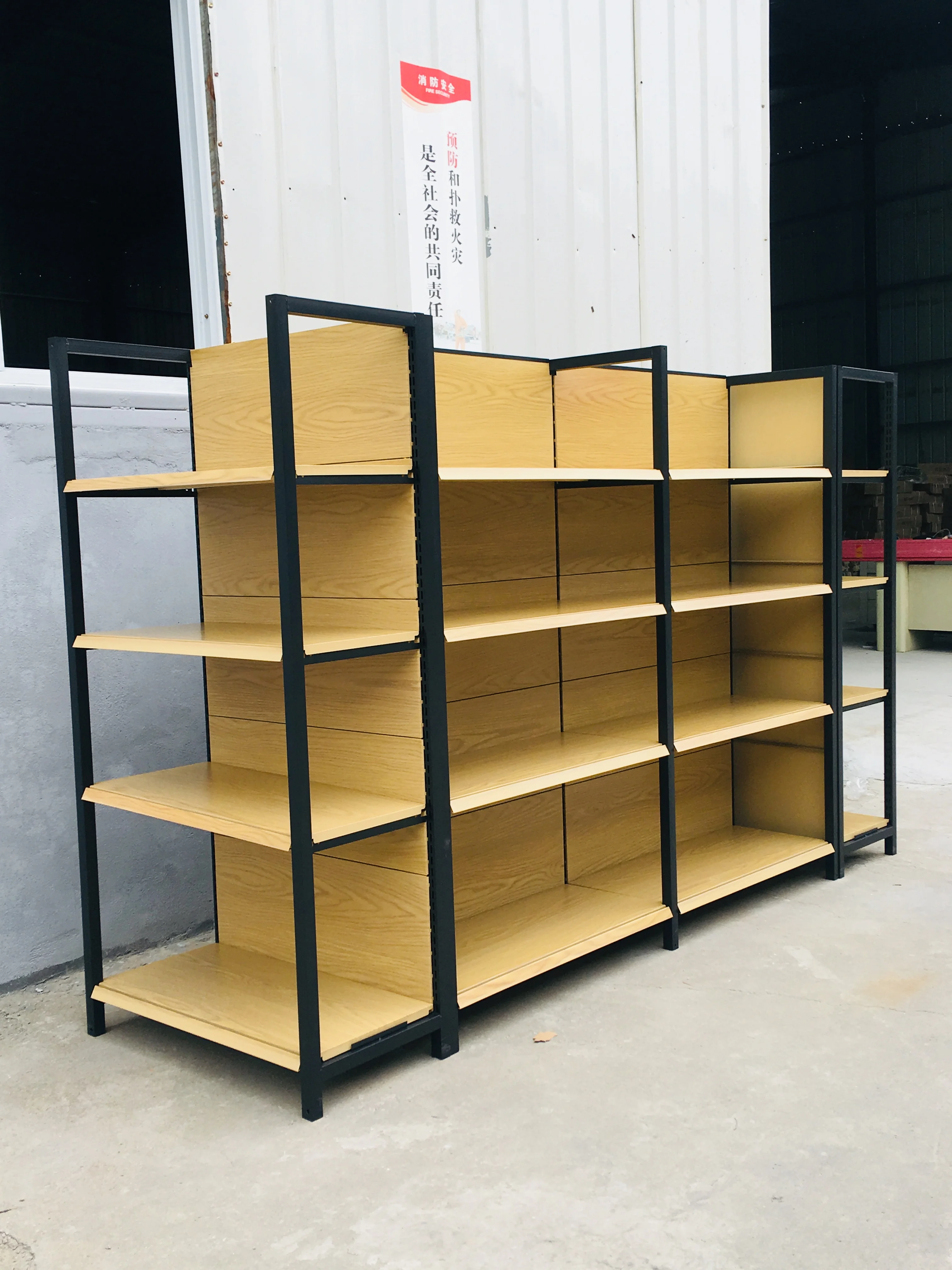 Heavy Duty Wood Gondola Shelving Supermarket Metallic Display Racks