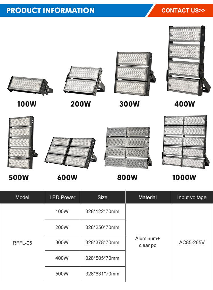 100w-1000w Led Modular Floodlight Weather Resistant 3000K