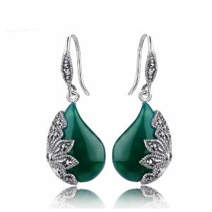Quality Sterling Silver Marcasite Earrings Green Agate Retro Jewelry (JA1729GREEN) wholesale