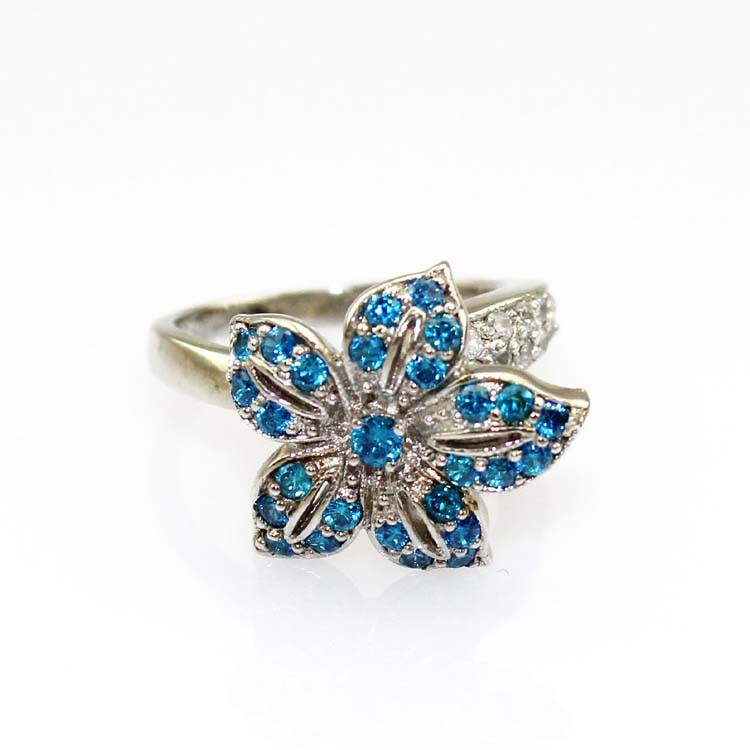 Women Jewelry Flower Design Sterling Silver Pave Blue Cubic Zirconia Ring (S-RJ344)