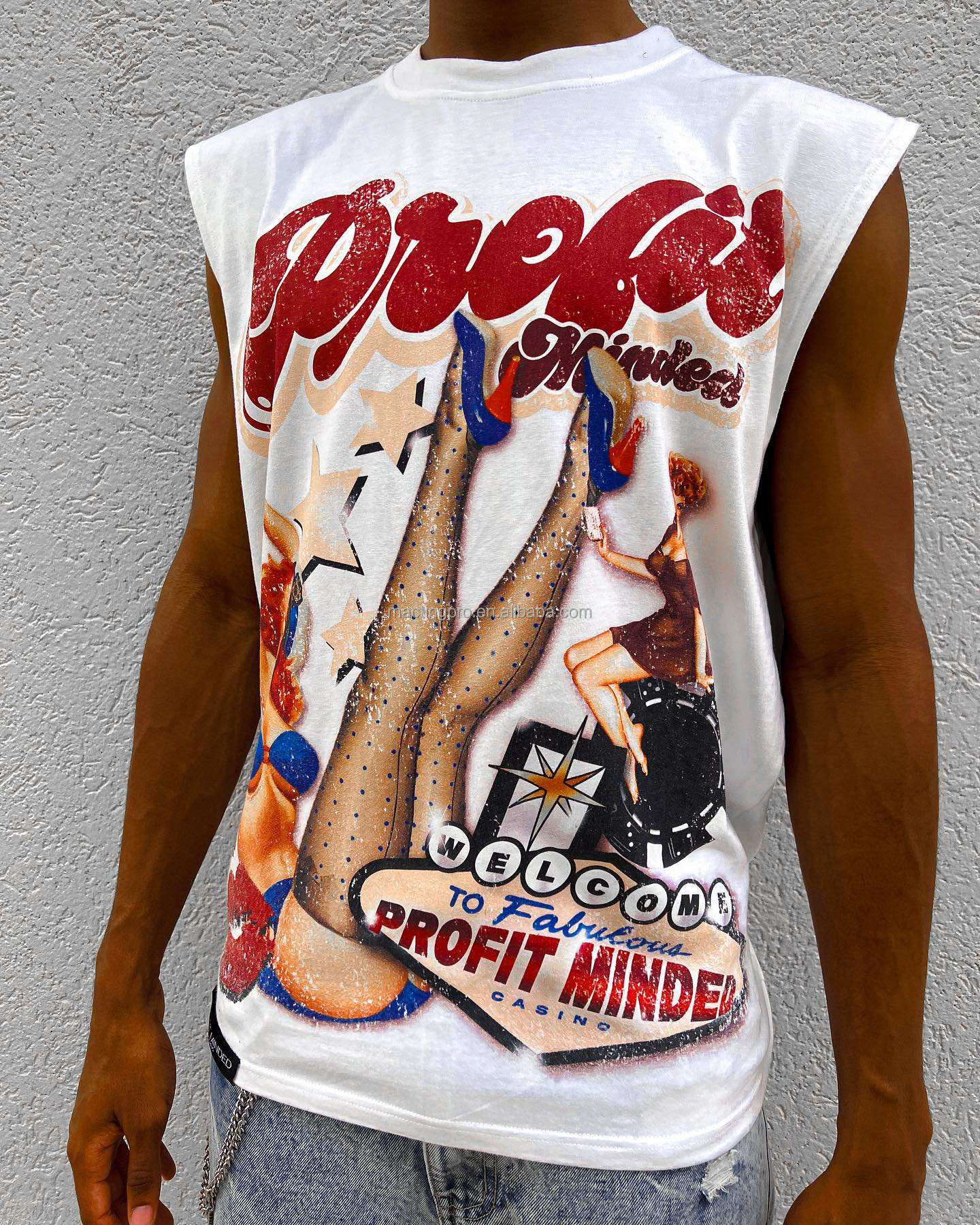 Terry Fabric Custom Hip Hop Oversized Cut Raw Hem Crop Tank Tops Cotton T-shirt for Men