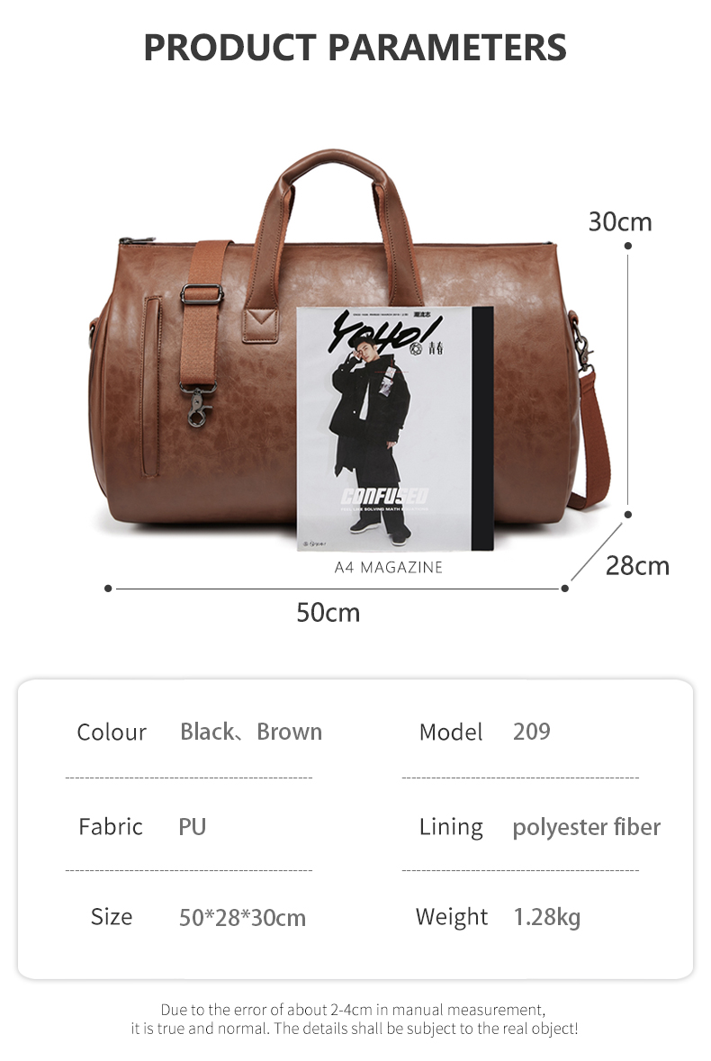 Outdoor PU Leather Travel Duffle Bag Brown With Separate Shoe Compartment