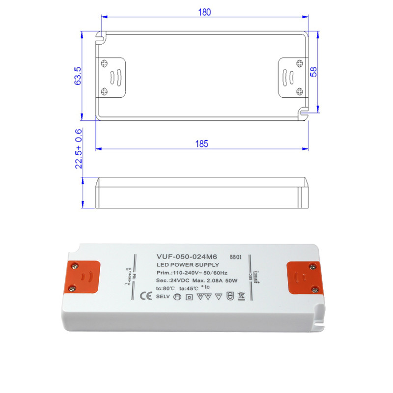 Indoor Lightweight Constant Voltage LED Driver 24V 50W Plastic Case IP20